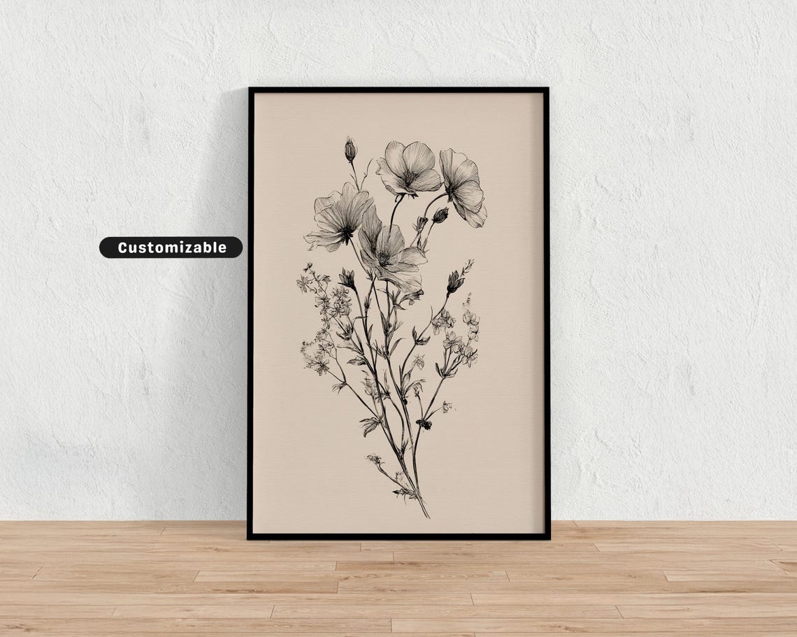 Delicate Fine Line Wildflowers Sketch Beige Botanical Wall Poster