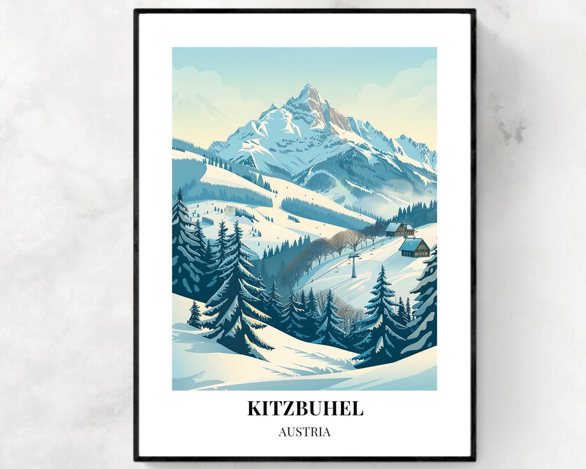 Kitzbuhel Austria Snowy Slopes Pine Forest Alpine Village View Poster