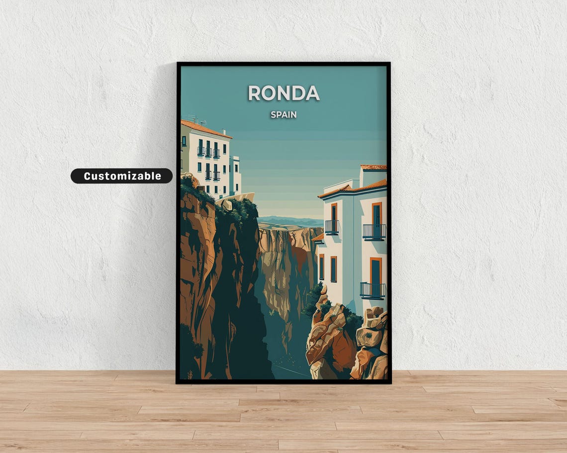 Ronda Spain White Village Gorge Cliff Retro Travel Scene Wall Art