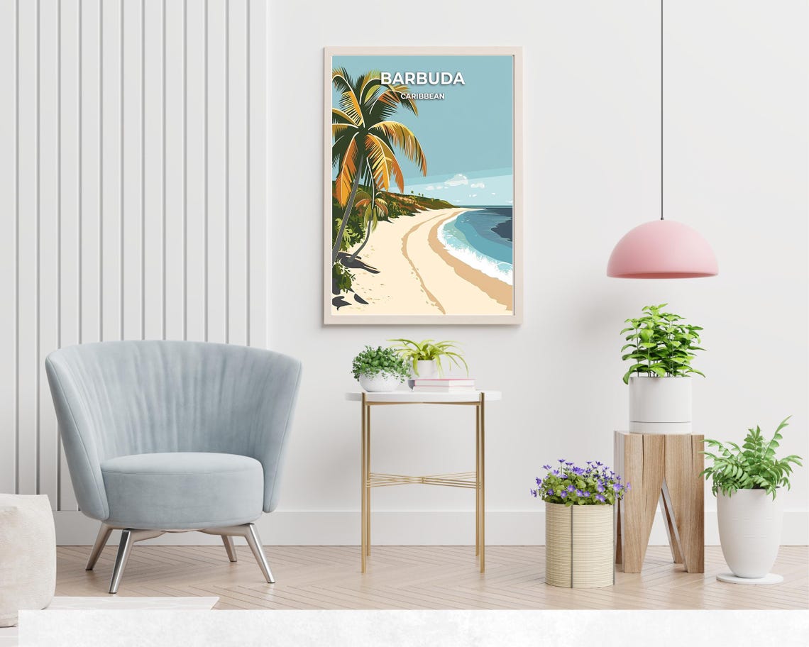 Barbuda Caribbean Pristine Sandy Beach Palm Dunes Waves Poster - Image 2