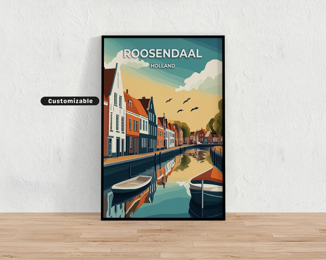 Roosendaal Holland Canal Boats Sunset Reflection Travel Poster