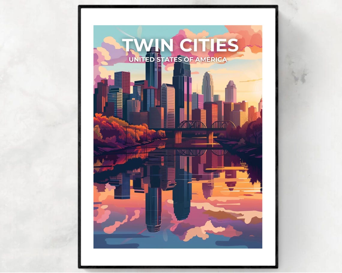 Twin Cities Minnesota Pink Skyline River Reflection Travel Poster