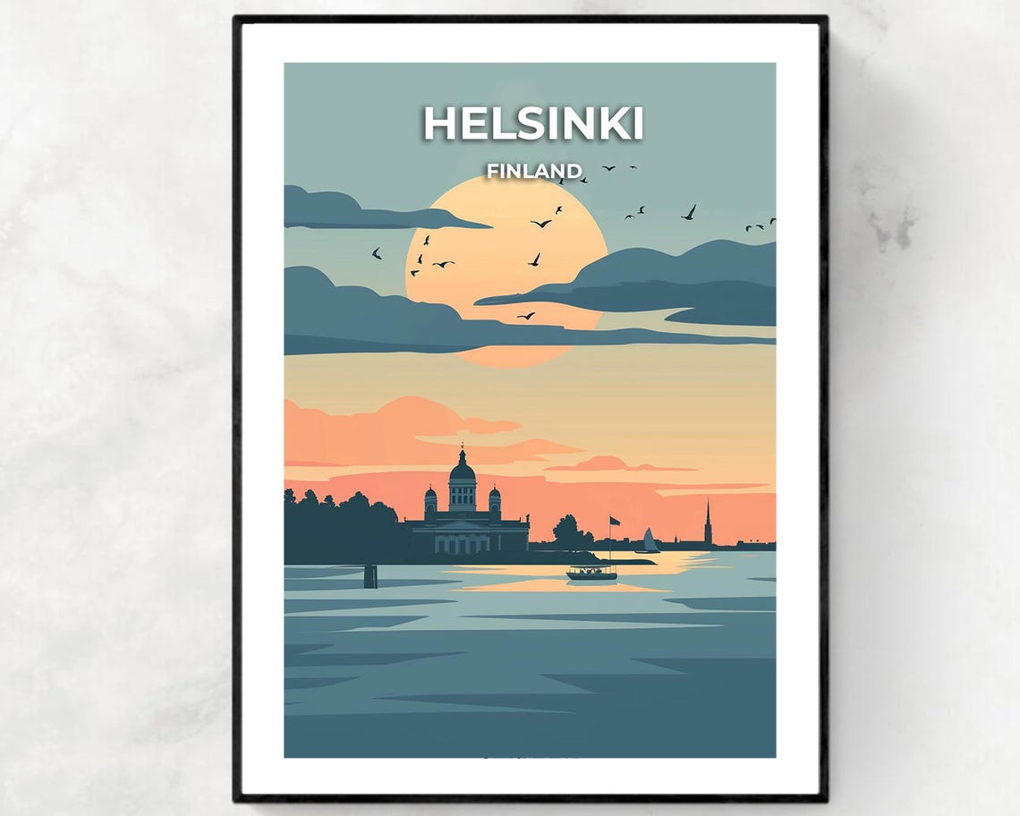 Helsinki Harbor Sunset With Cathedral Silhouette Finland Travel Poster