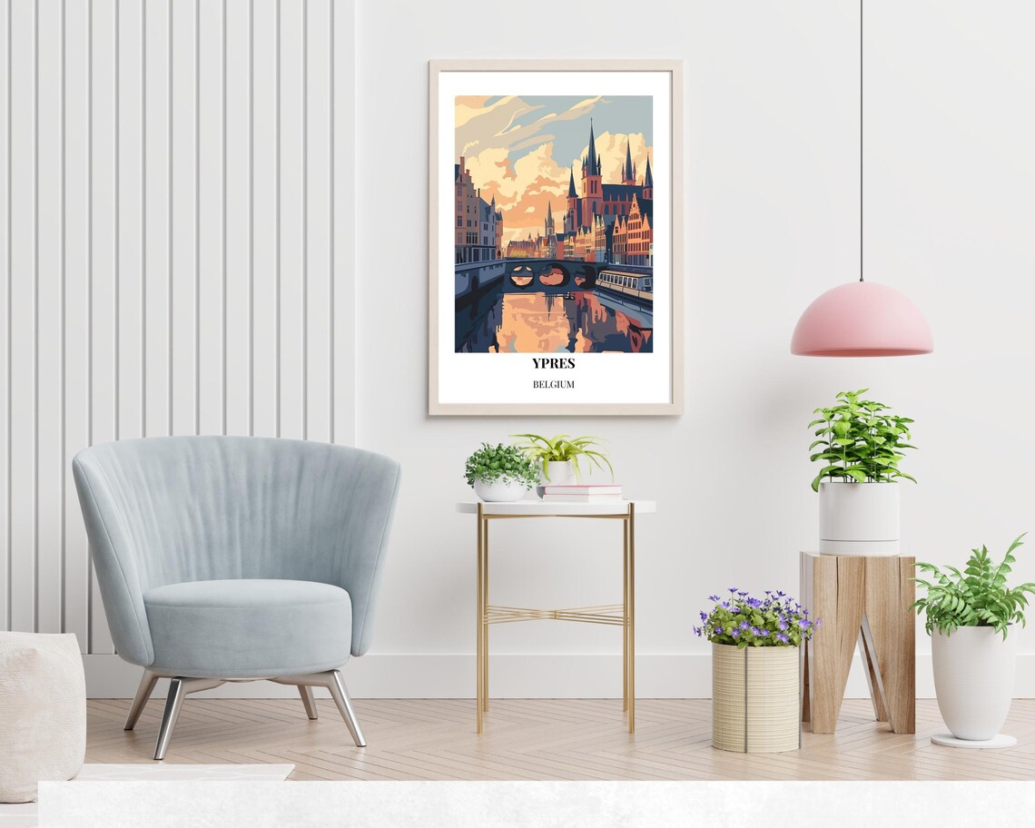 Ypres Belgium Sunset Canal Bridge and Spires Vintage Art Poster - Image 2