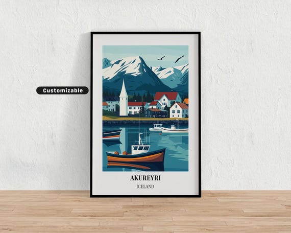 Akureyri Iceland Travel Poster, Custom Wall Art