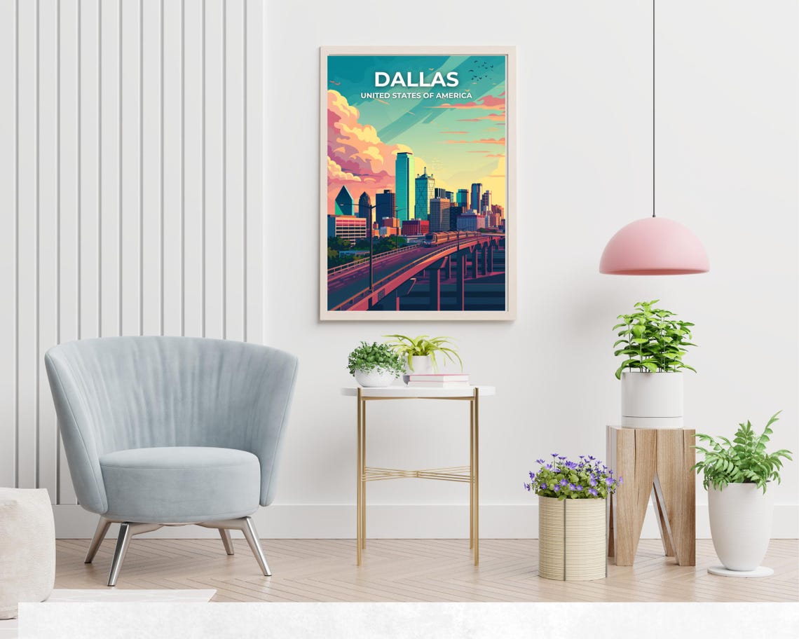 Dallas Skyline Full Bleed Top Text Sunset City Travel Poster - Image 2