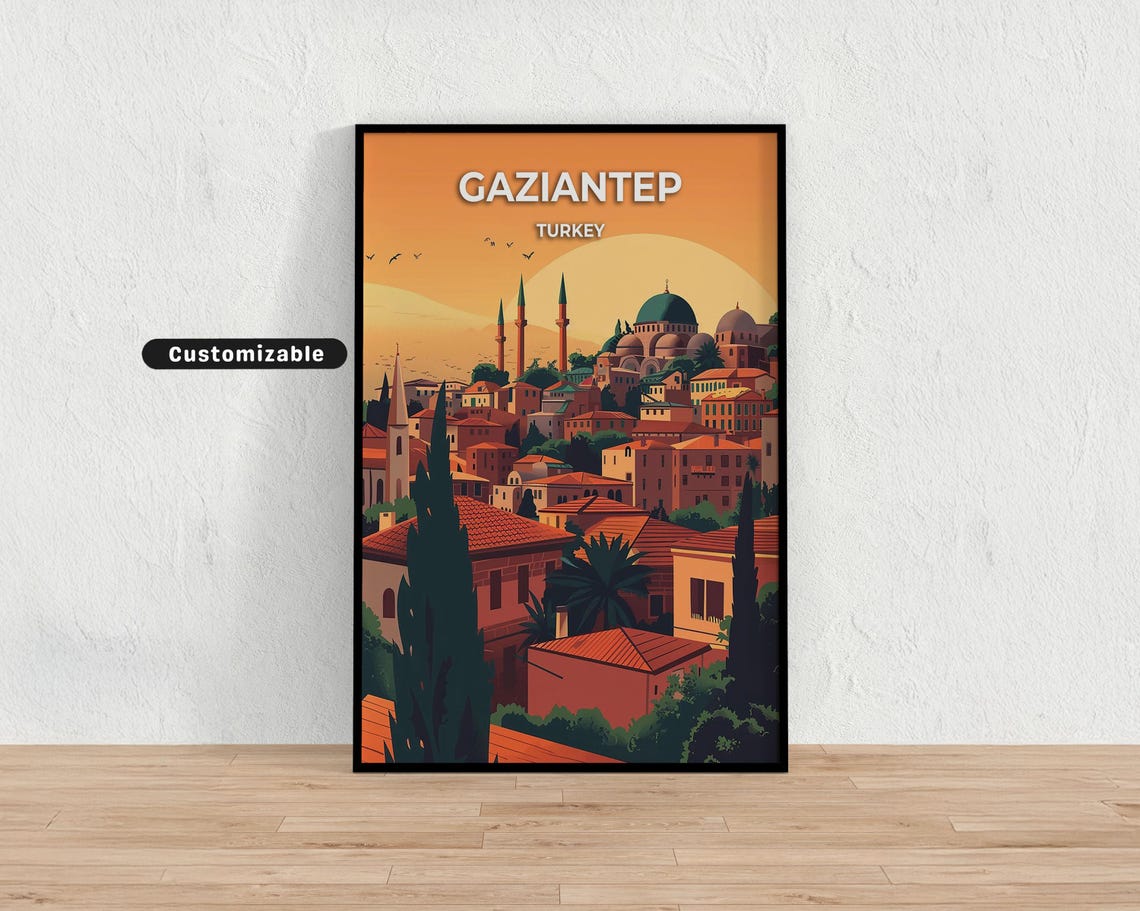 Gaziantep Turkey Sunset Skyline Travel Poster Mosques Old Town Scene