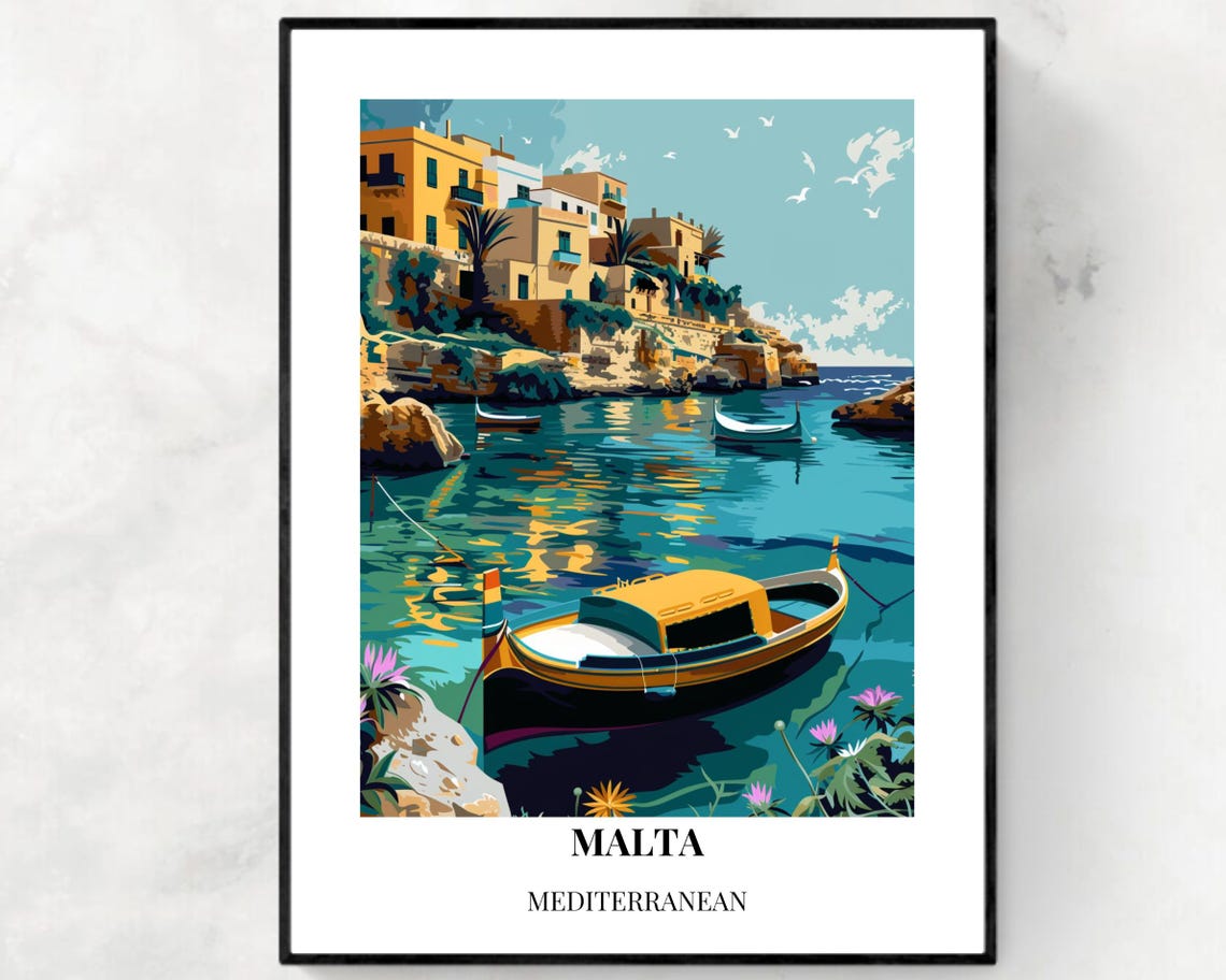 Malta Mediterranean Harbor Boat Cliffside Town Travel Poster