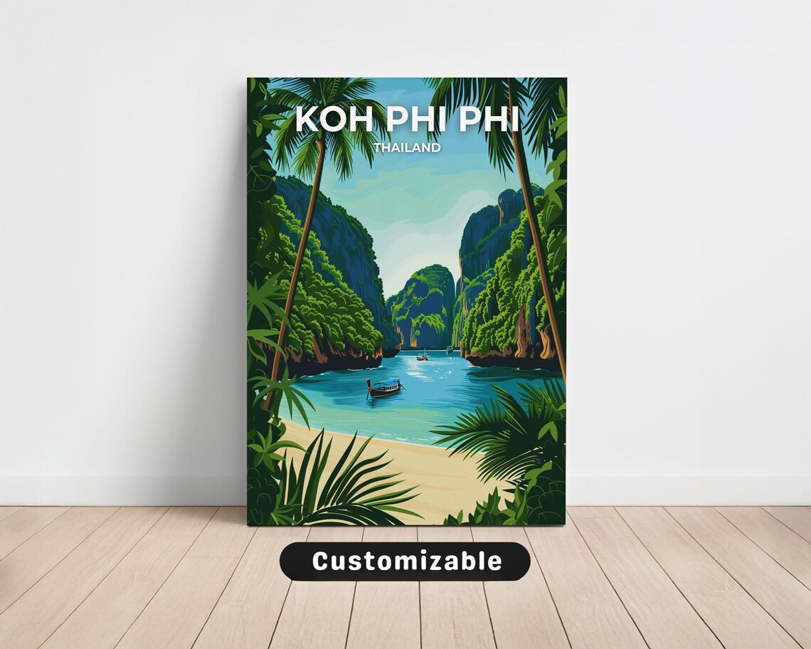 Koh Phi Phi Thailand Turquoise Bay Longtail Boats Retro Travel Poster
