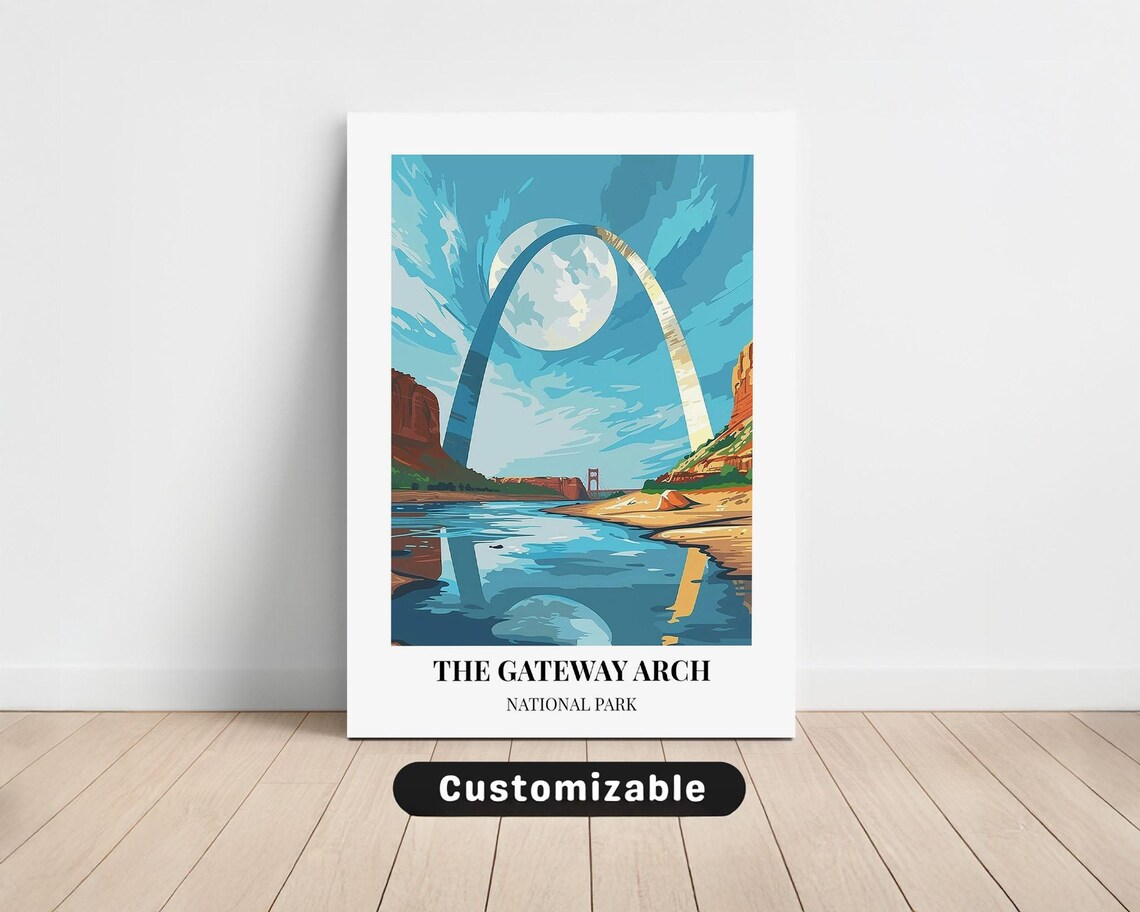 The Gateway Arch National Park Moonlit Blue Night Vintage Travel Poster