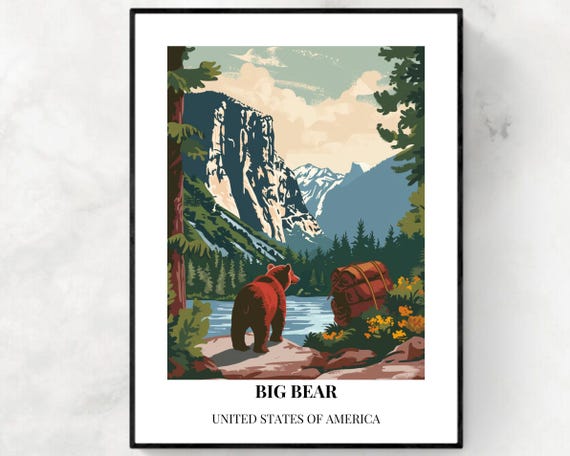 Big Bear California Cliff Lake Bear Camper Backpack Vintage Style Poster
