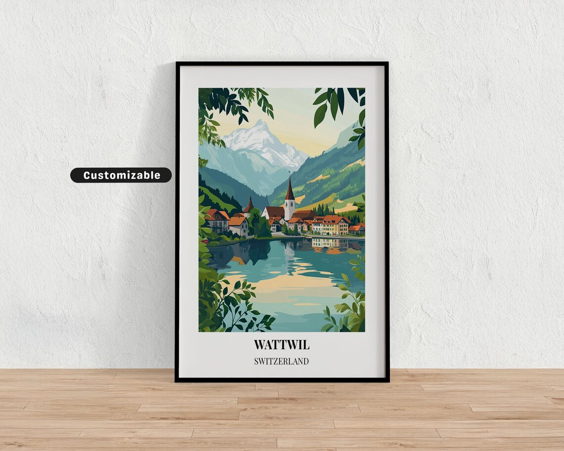 Wattwil Switzerland Alpine Lake Village Church Travel Poster
