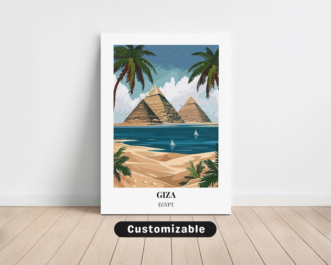 Beautiful Giza Egypt Pyramids Nile River Palm Tree Travel Poster