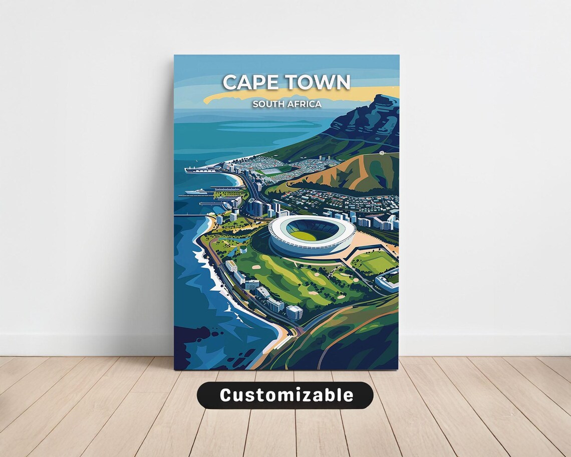 Cape Town South Africa Aerial Coast Table Mountain Vintage Travel Poster