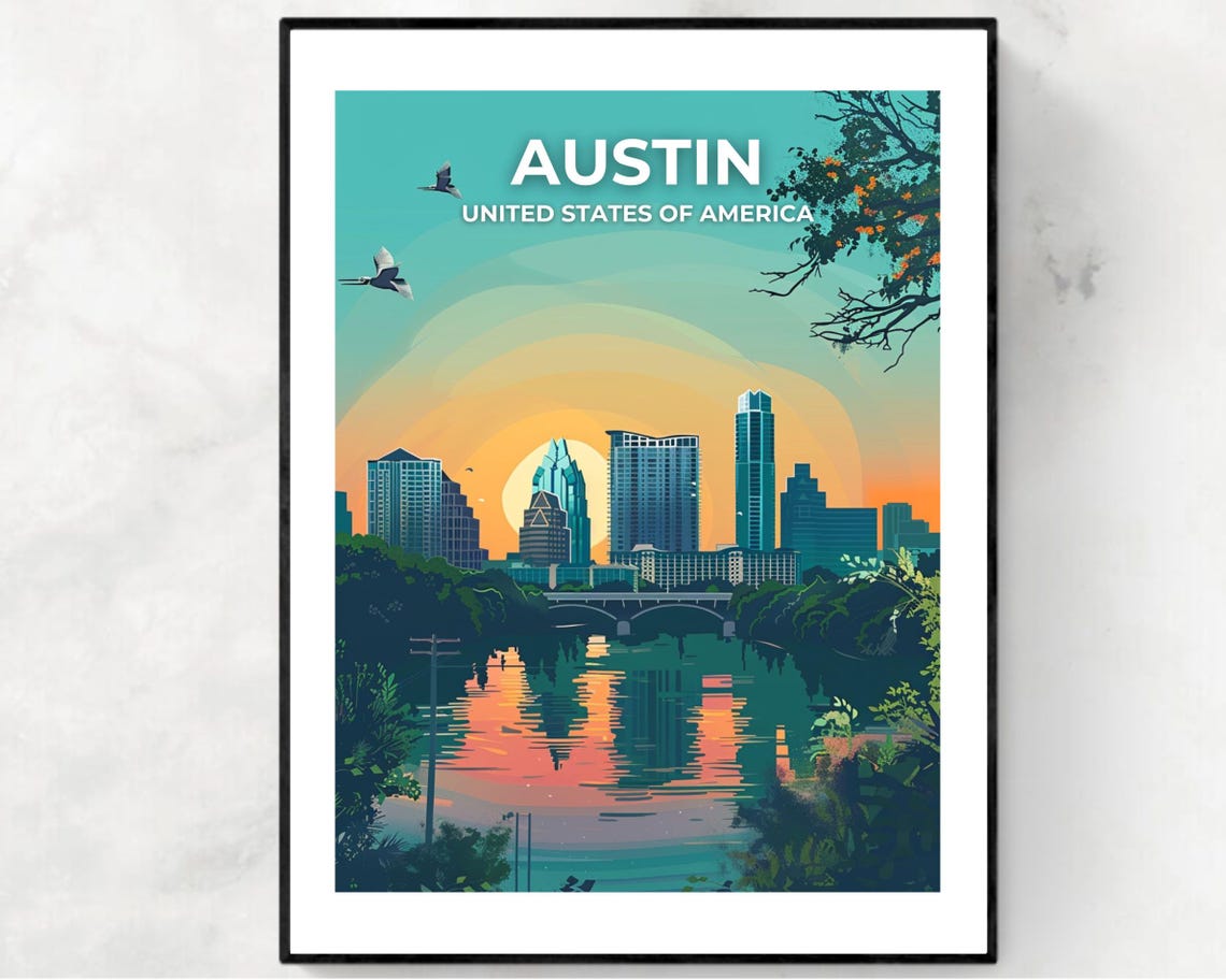 Austin USA Sunset Skyline Over River Bridge Cityscape Poster