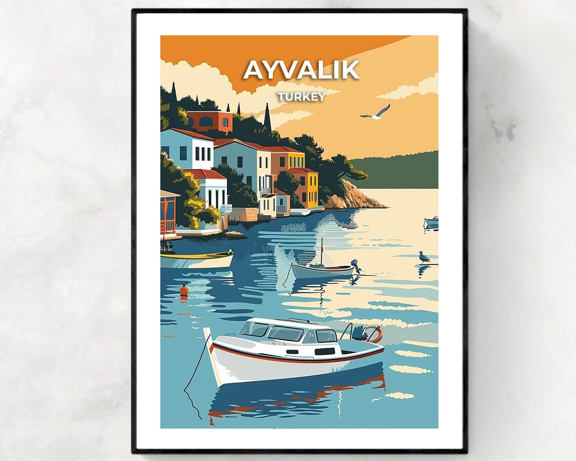 Ayvalik Turkey Harbor Boats Waterfront Sunset Vintage Travel Poster