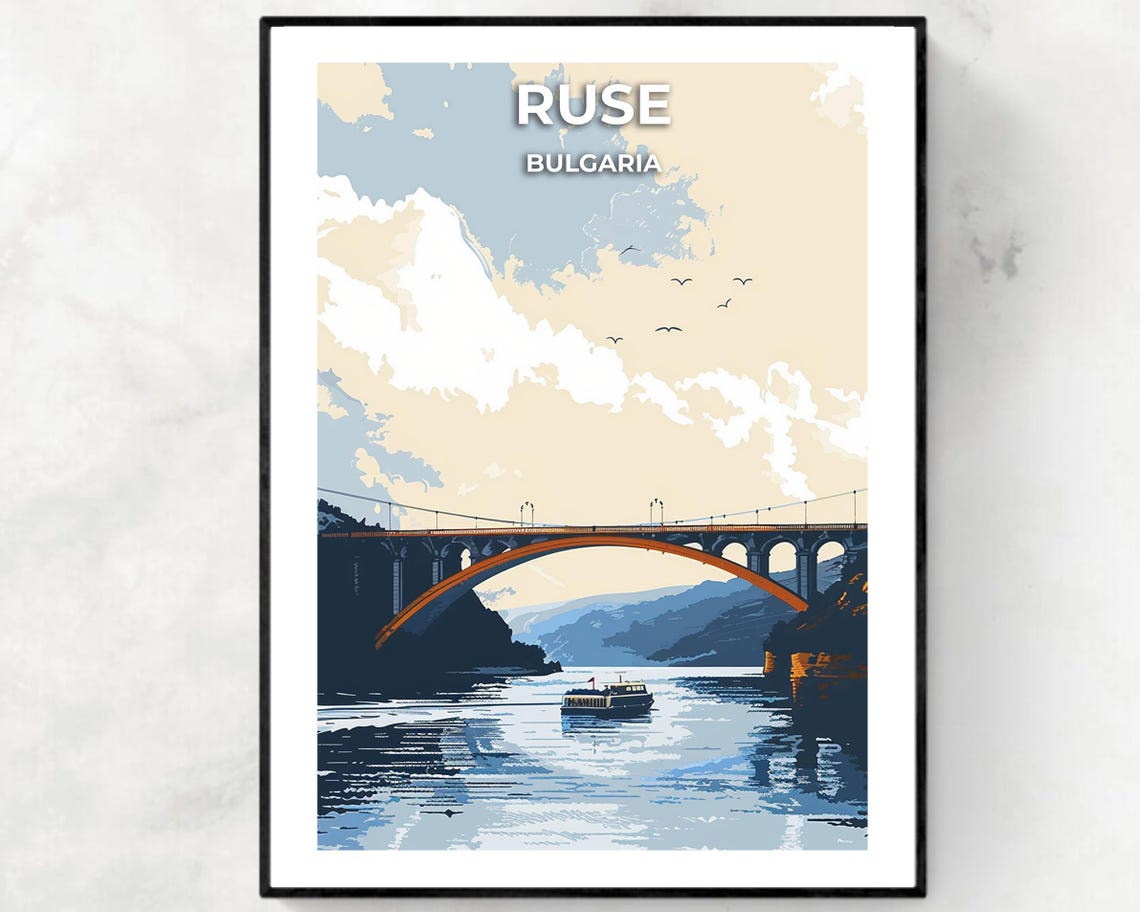 Ruse Bulgaria Danube Bridge River Boat Vintage Travel Poster