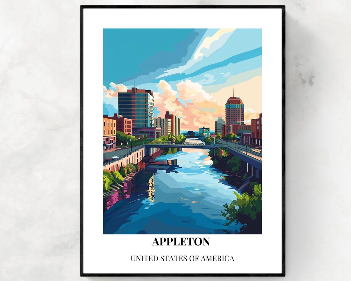 Appleton Wisconsin River Bridge Downtown Skyline Bottom Title Poster