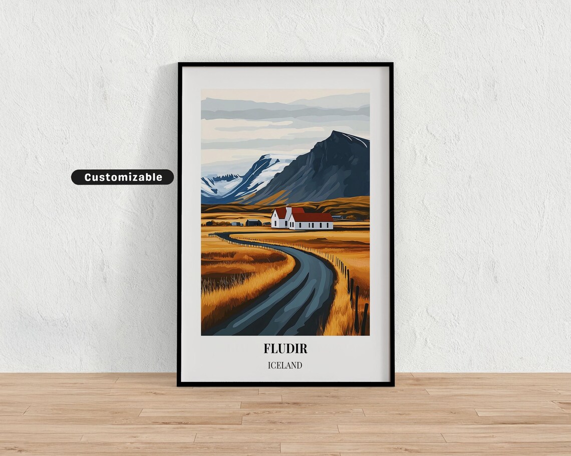 Fludir Iceland Winding Country Road Farm Golden Fields Travel Poster