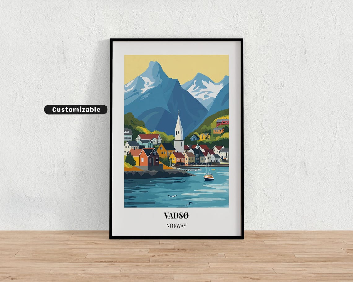 Vadsø Norway Fjord Town Customizable Poster Church Harbor View