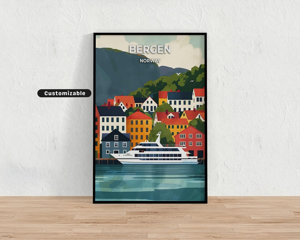 Bergen Norway Harbor Ships Colorful Wharf Houses Nordic Travel Poster