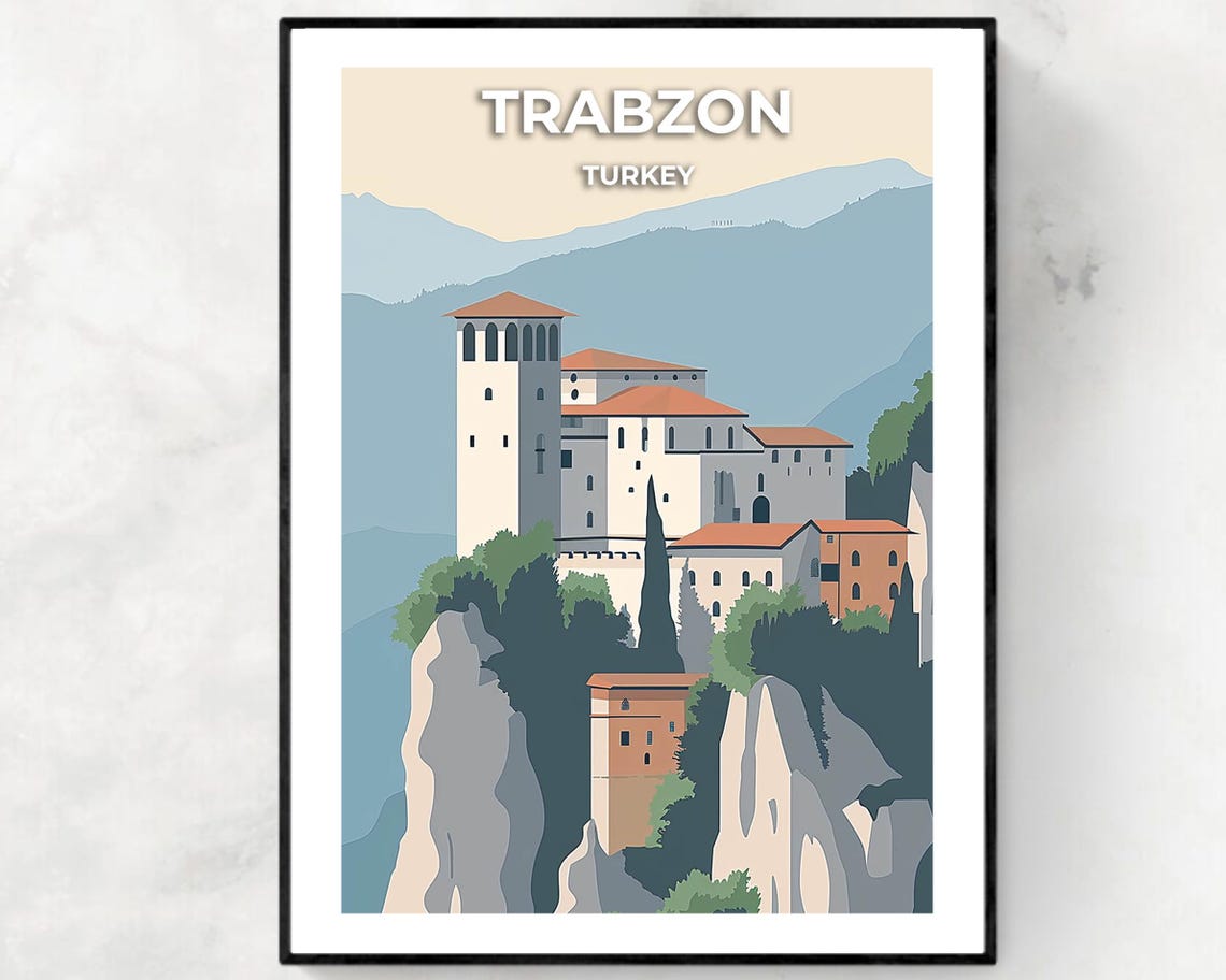 Trabzon Turkey Vintage Cliff Monastery Mountain Minimal Travel Poster