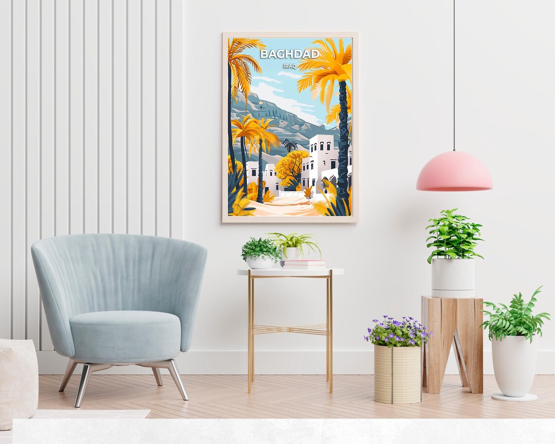 Baghdad Iraq Golden Palms White Houses Mountain View Travel Poster - Image 2