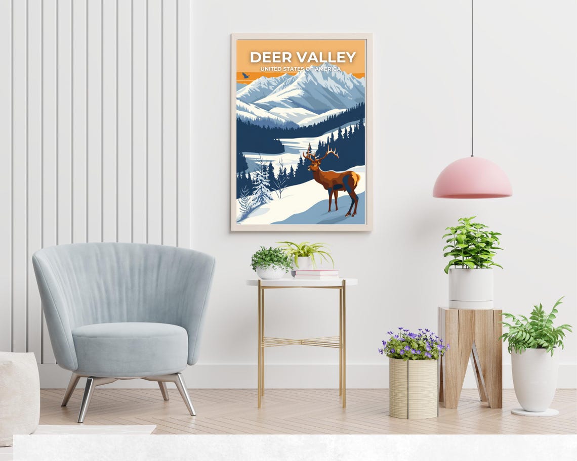 Deer Valley Utah Elk in Snowy Mountains Winter Travel Poster - Image 2