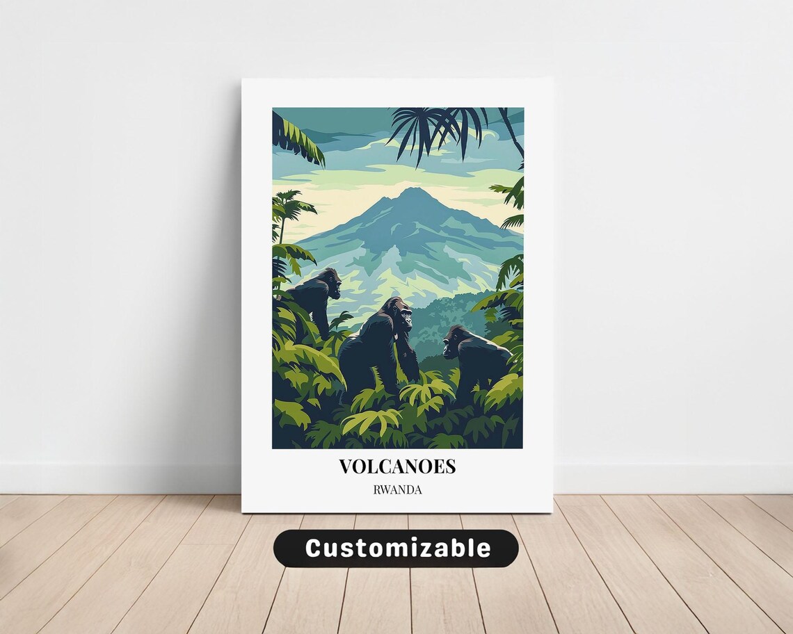 Volcanoes Rwanda Mountain Gorillas Jungle Volcano View Travel Poster