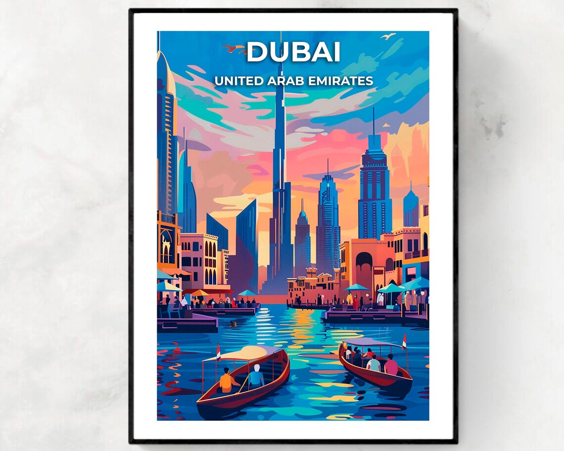 Dubai UAE Burj Khalifa Sunset Abra Boats Marina Color Travel Poster