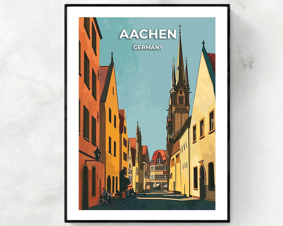 Aachen Germany Old Town Street Cathedral Retro Travel Poster