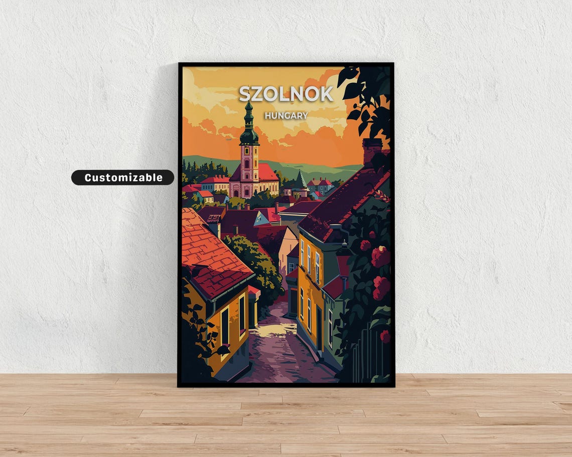 Szolnok Hungary Sunset Old Town Church Tower Retro Travel Poster