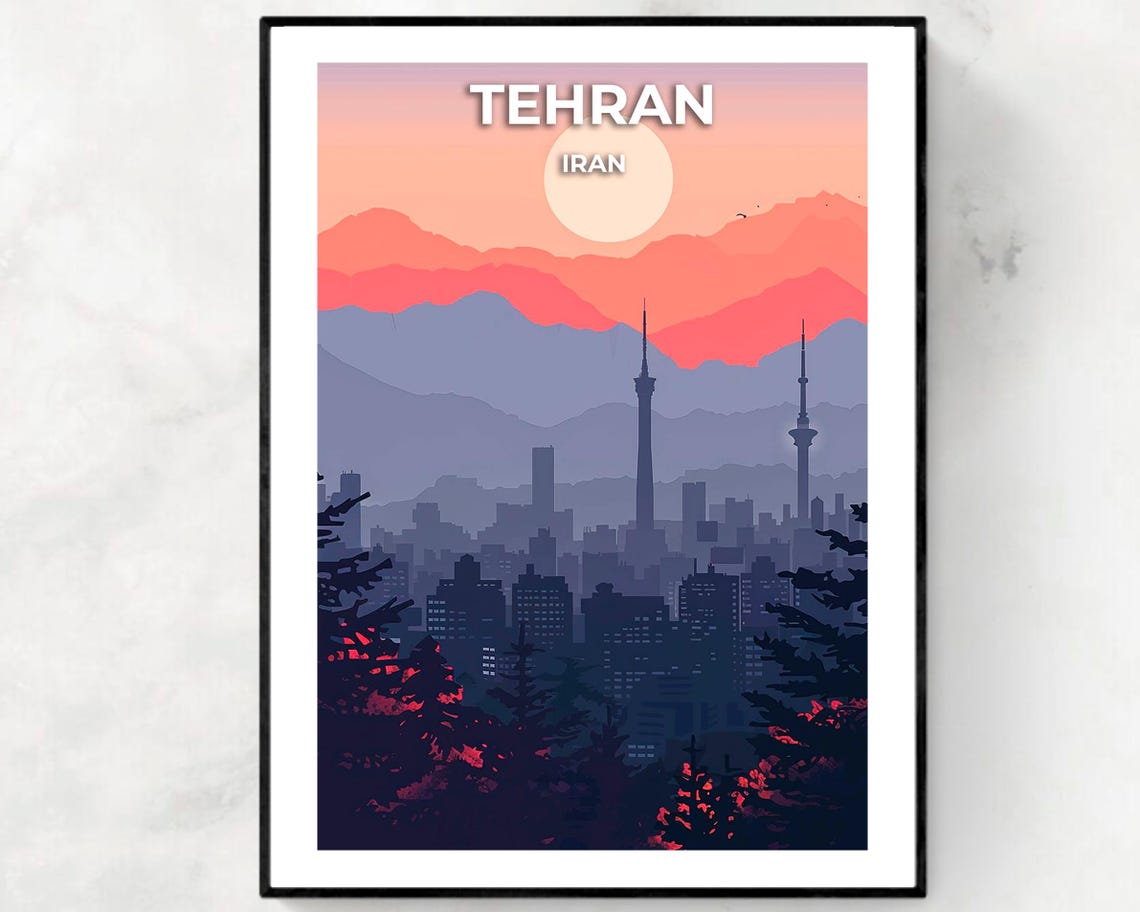 Tehran Iran Milad Tower Mountain Sunset Skyline Silhouette Poster