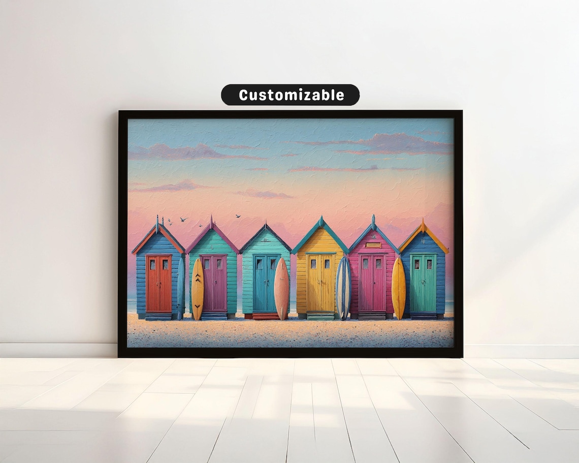 Colorful Beach Huts With Surfboards At Sunset Seaside Painting Poster