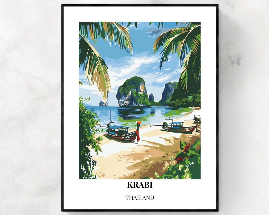 Krabi Thailand Tropical Beach Longtail Boats Sunset Travel Poster