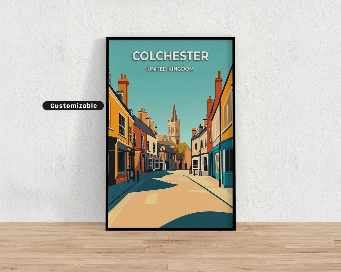 Colchester England Colorful Street Custom Retro Travel Art Poster