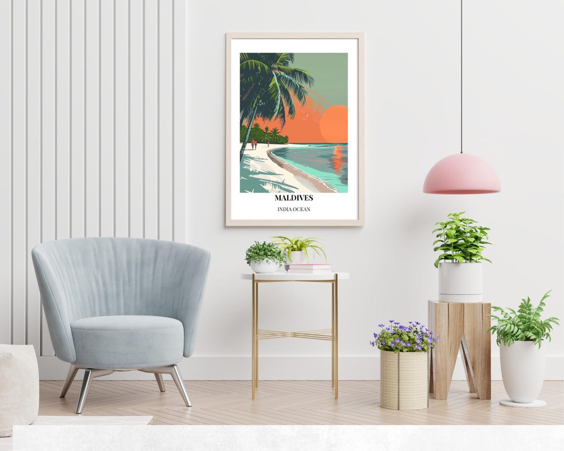 Maldives Sunset Beach Palm Trees Orange Sky Ocean Travel Poster - Image 2