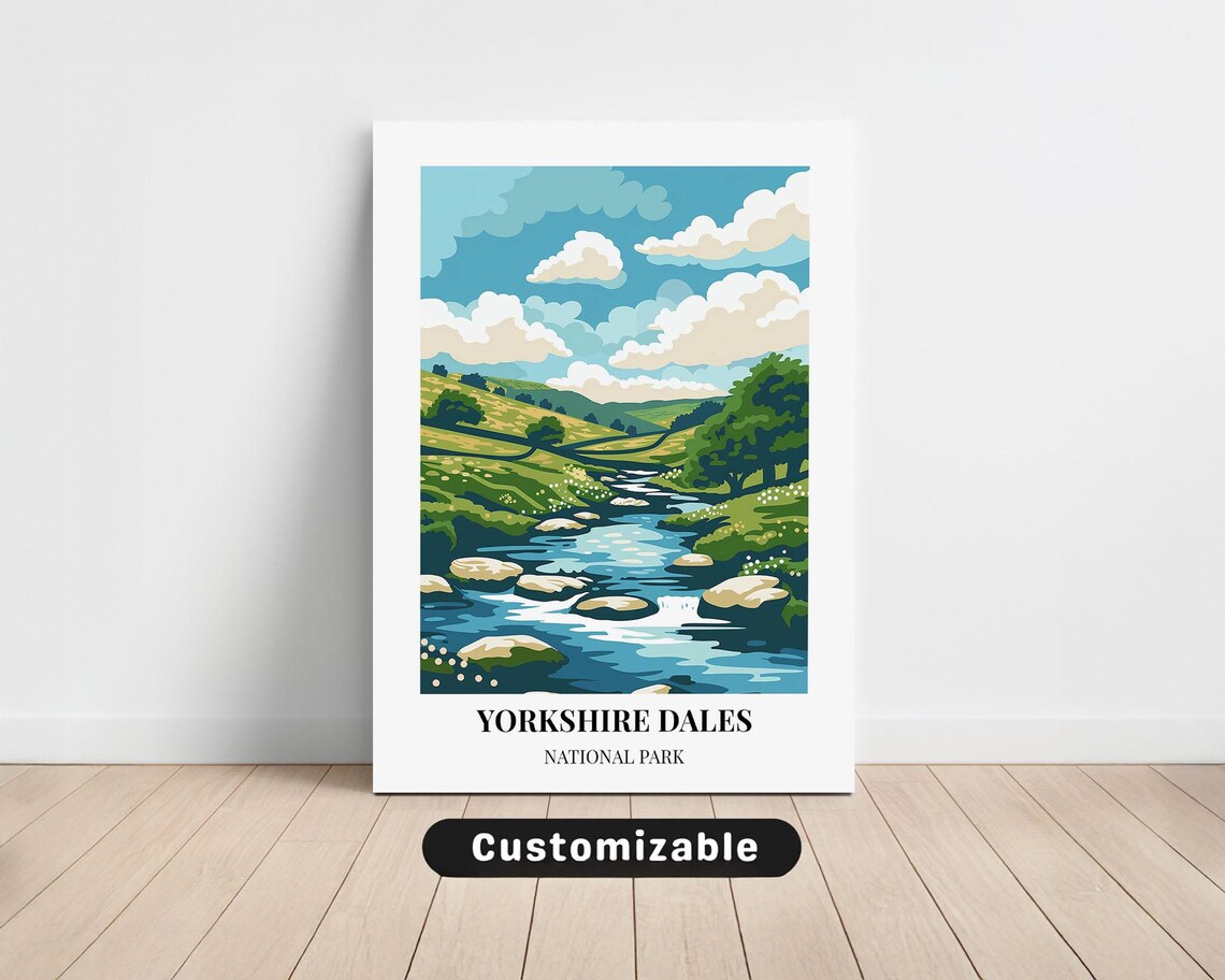 Yorkshire Dales National Park Travel Poster Green Hills Stream Wall Decor