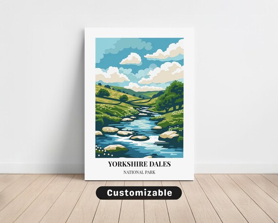 Yorkshire Dales National Park Travel Poster Green Hills Stream Wall Decor