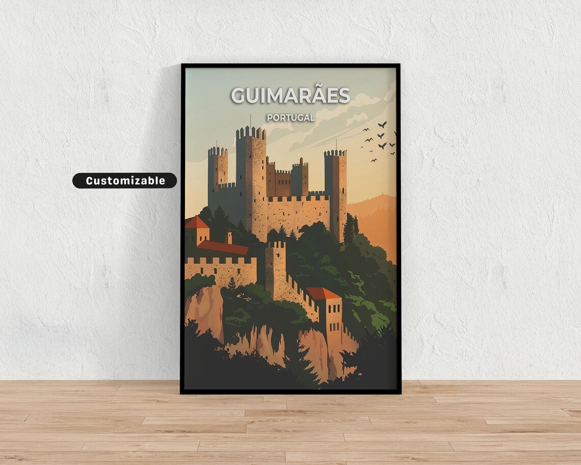 Guimaraes Portugal Sunset Castle Hilltop Silhouette Travel Poster