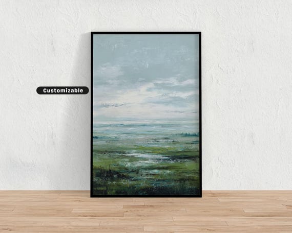 Impressionist Field With Pale Sky And Light Green Tones Neutral Wall Art Print Minimalist Modern Decor