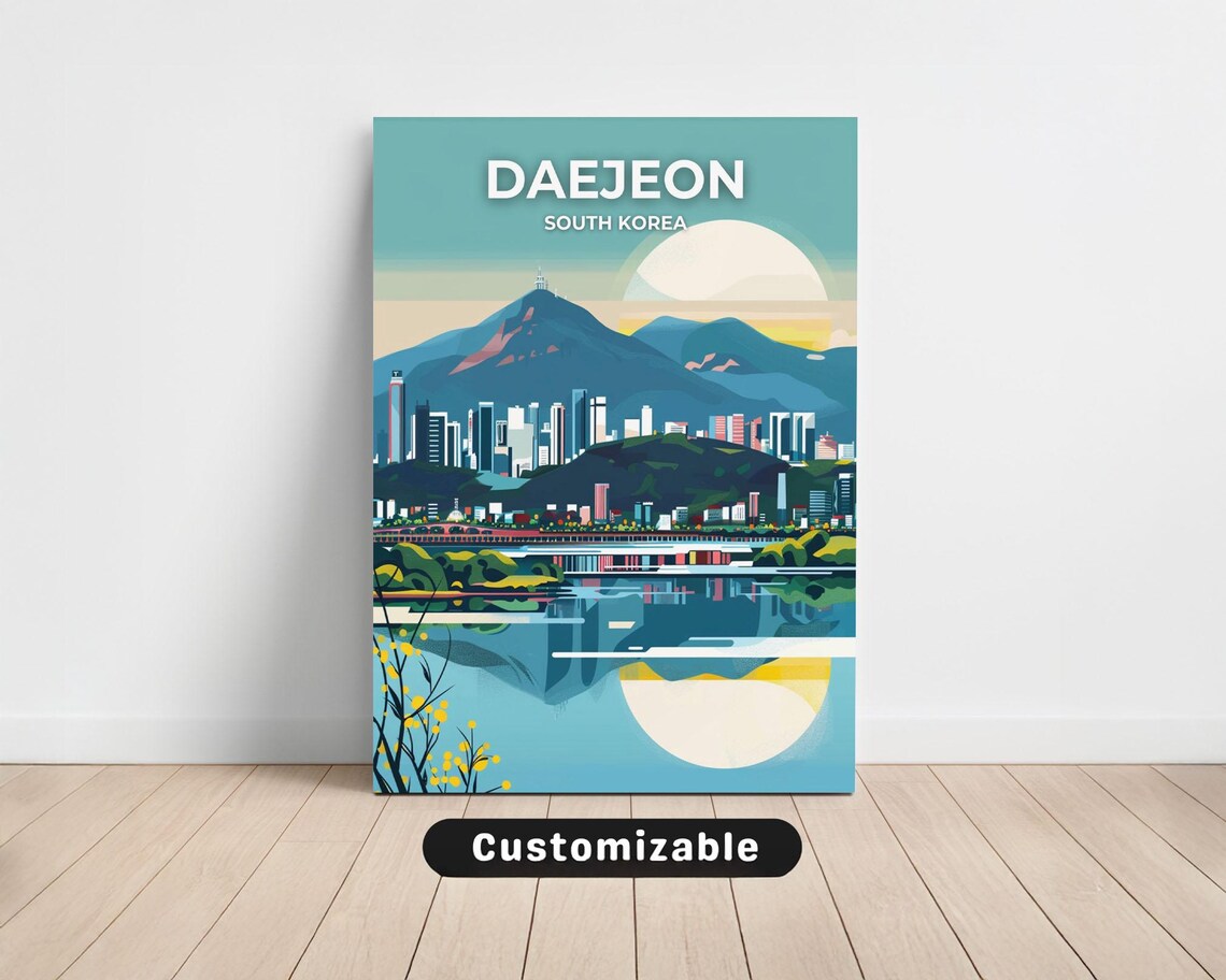 Daejeon South Korea City Sunset Mountain Travel Canvas Poster