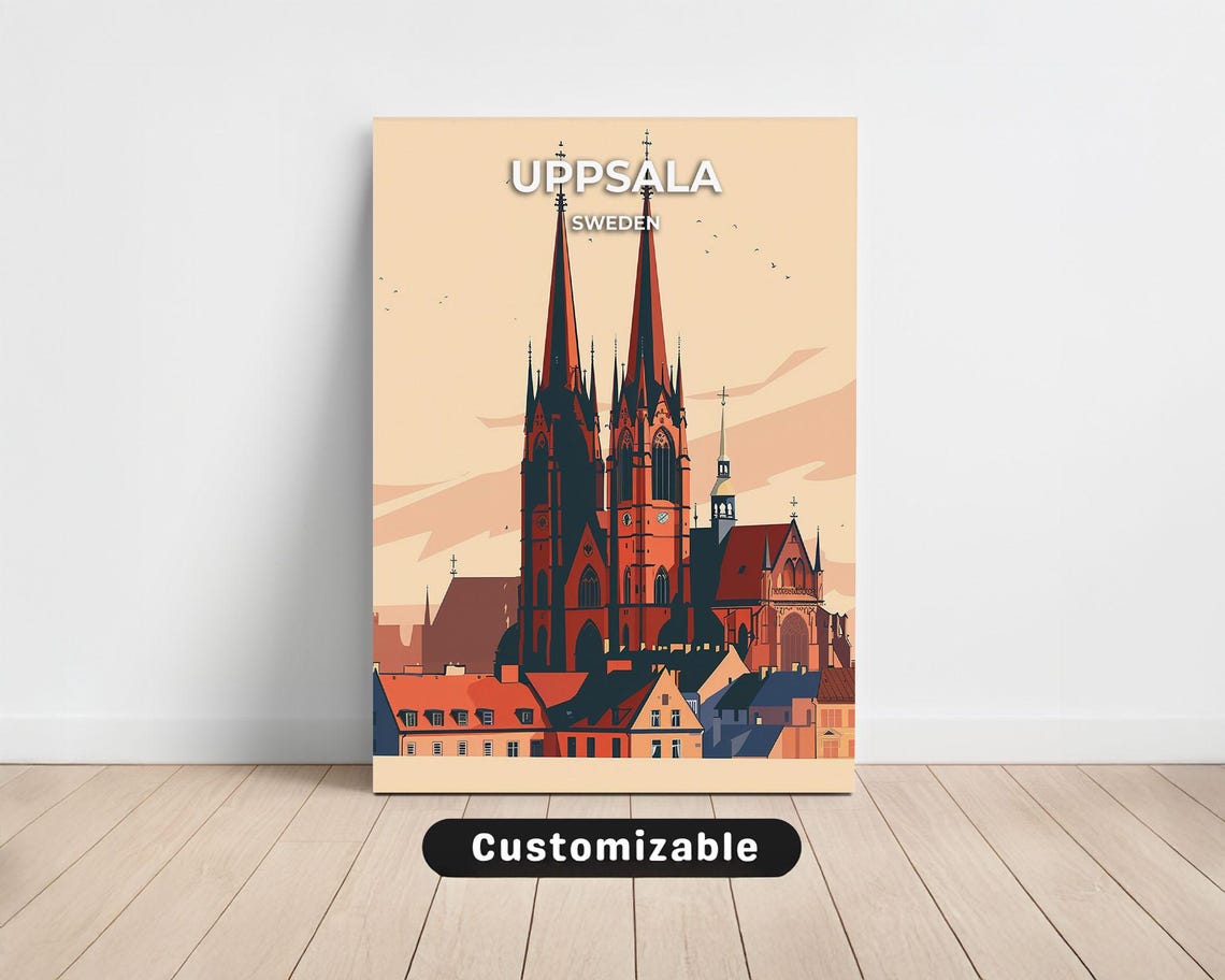 Uppsala Sweden Cathedral Twin Spires Old Town Retro Travel Poster