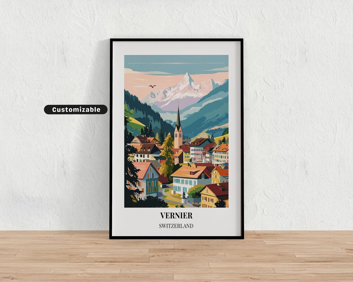 Vernier Switzerland Alpine Town Sunset Peaks Custom Travel Poster