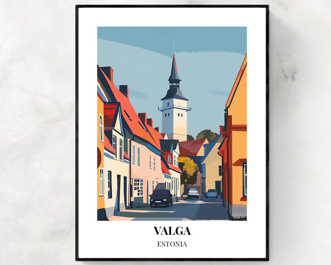 Valga Estonia Narrow Old Town Street Church Tower Travel Poster