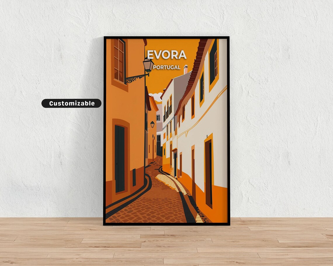 Evora Portugal Ochre Cobbled Street Old Town Sunset Travel Poster