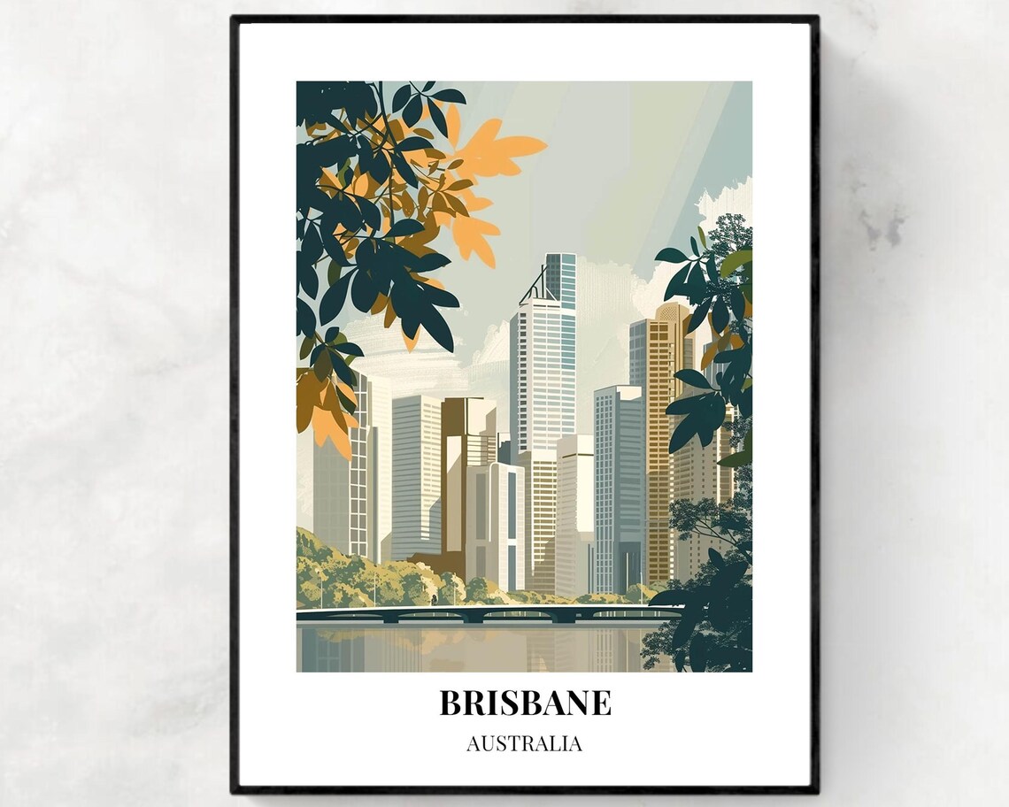 Brisbane Skyline Through Green Foliage Minimal Travel Poster