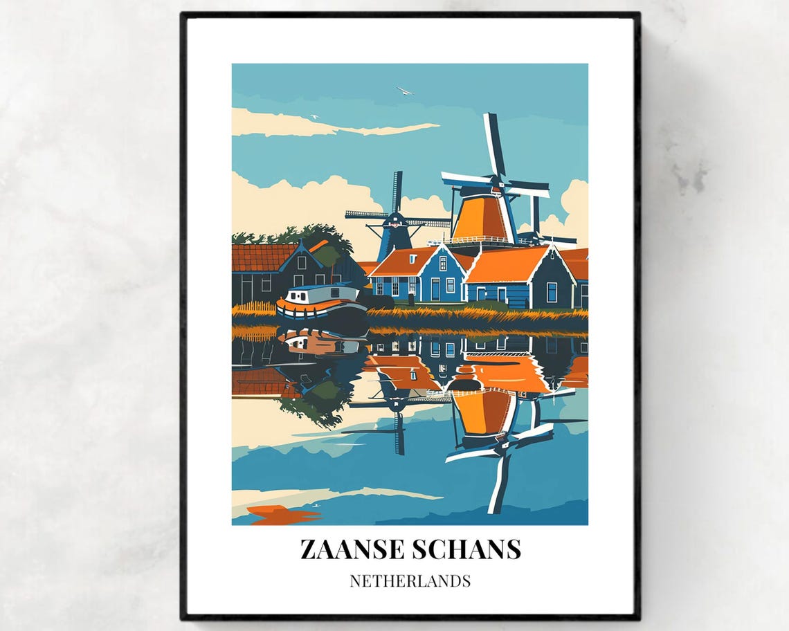 Zaanse Schans Netherlands Windmill Reflections Water Travel Poster