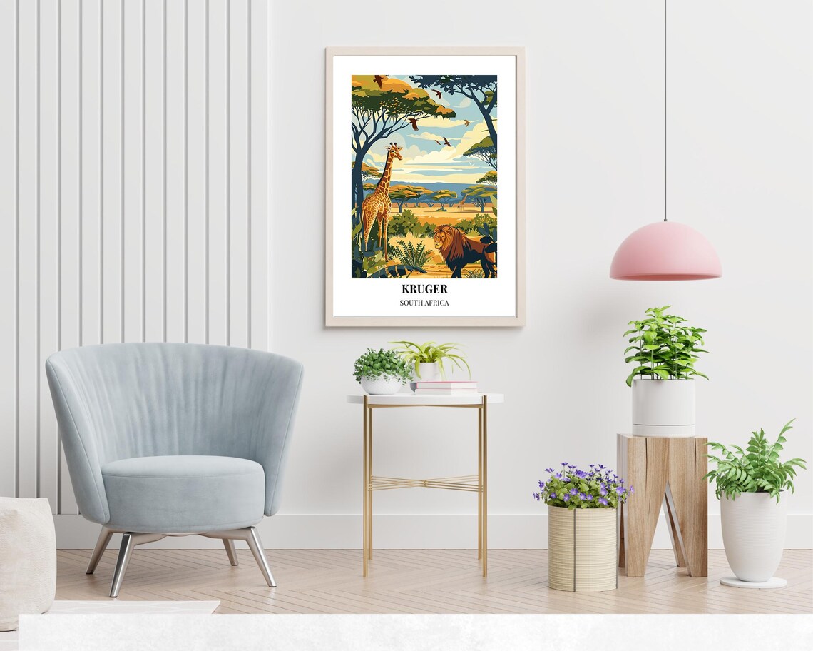 Kruger National Park Giraffe and Lion South Africa Safari Poster - Image 2