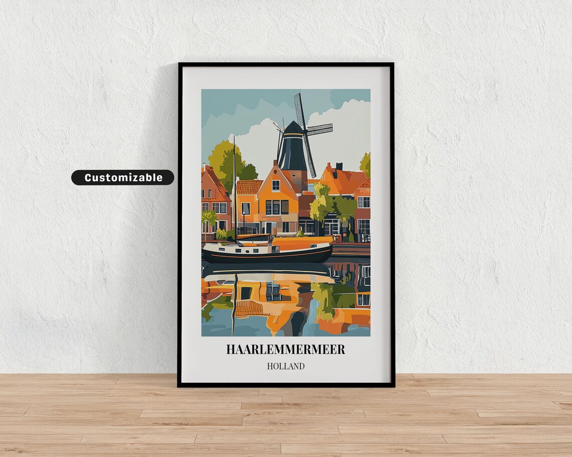 Haarlemmermeer Holland Windmill Water Reflection Vintage Travel Poster